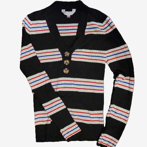 No Boundaries Juniors' Striped Rib V-Neck Button Front Pullover S/CH (3-5) - Picture 1 of 11